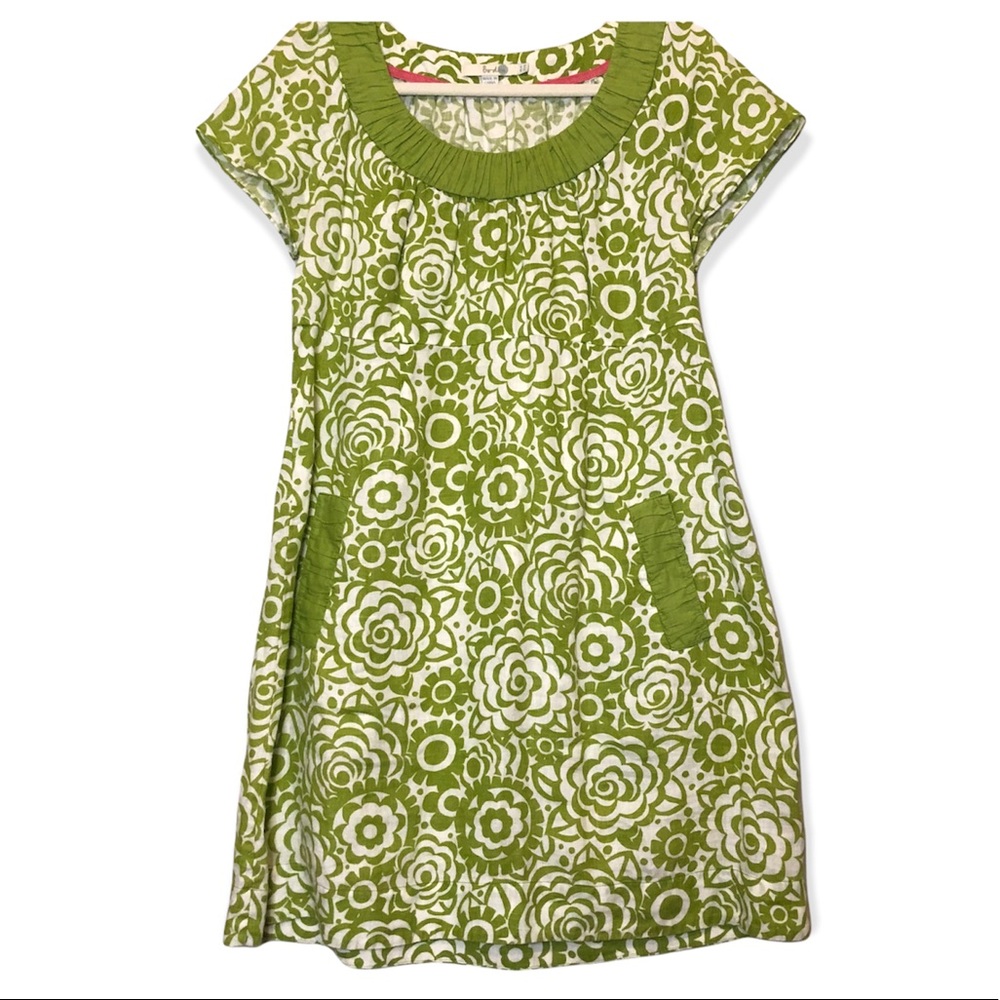 Boden Lime Green Floral Linen Short Sleeve Mini Dress 10